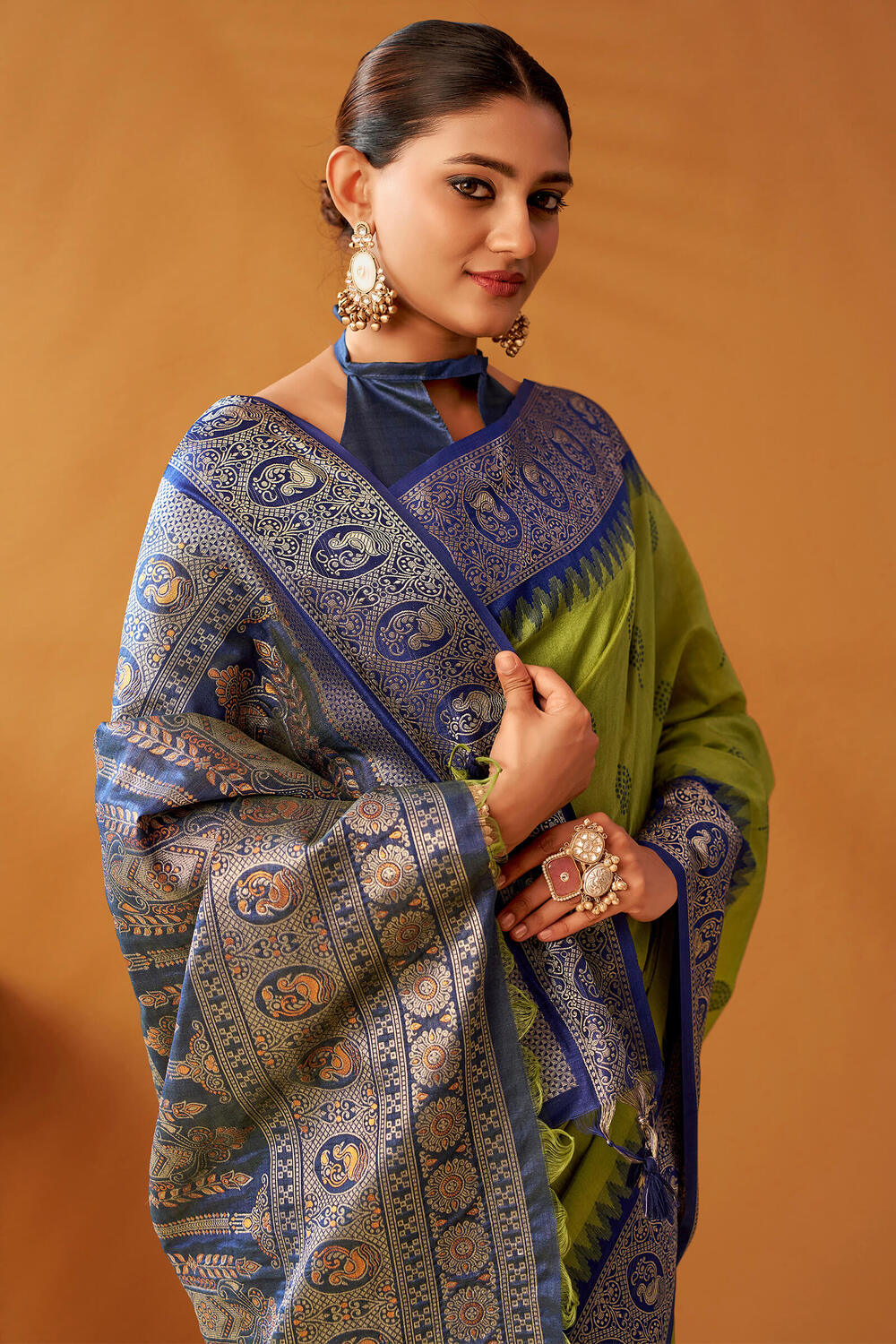 Avocado Green Cotton Modal Silk Saree with Pochampally Border and Pallu