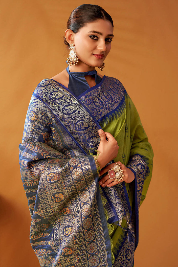 Avocado Green Cotton Modal Silk Saree with Pochampally Border and Pallu