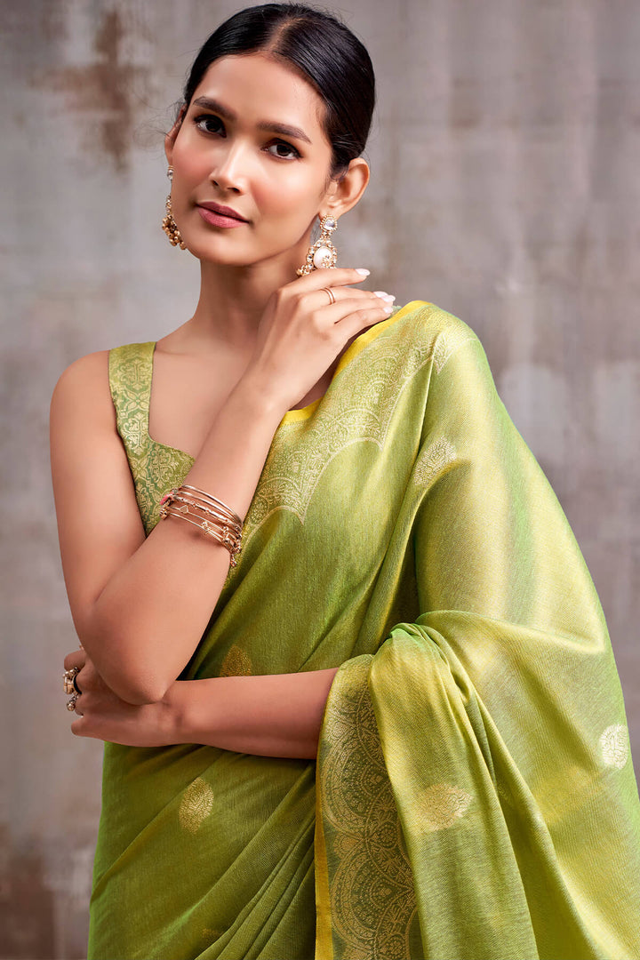 Avocado Green Zari Woven Banarasi Tissue Silk Saree
