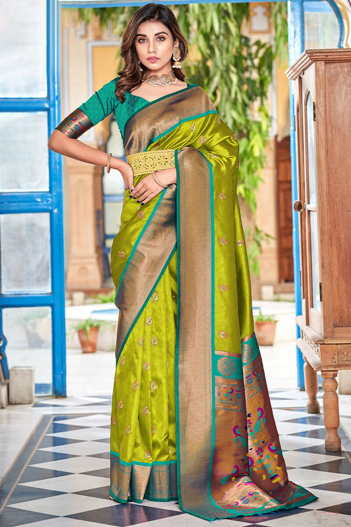 Avocado Green Zari Woven Paithani Silk Saree