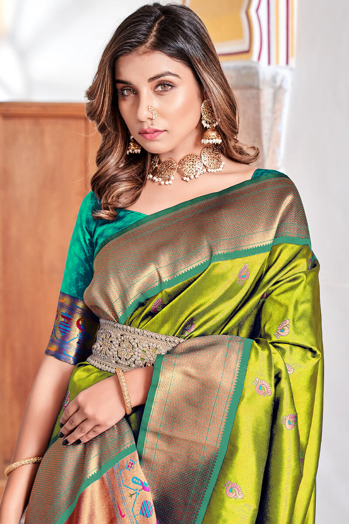 Avocado Green Zari Woven Paithani Silk Saree