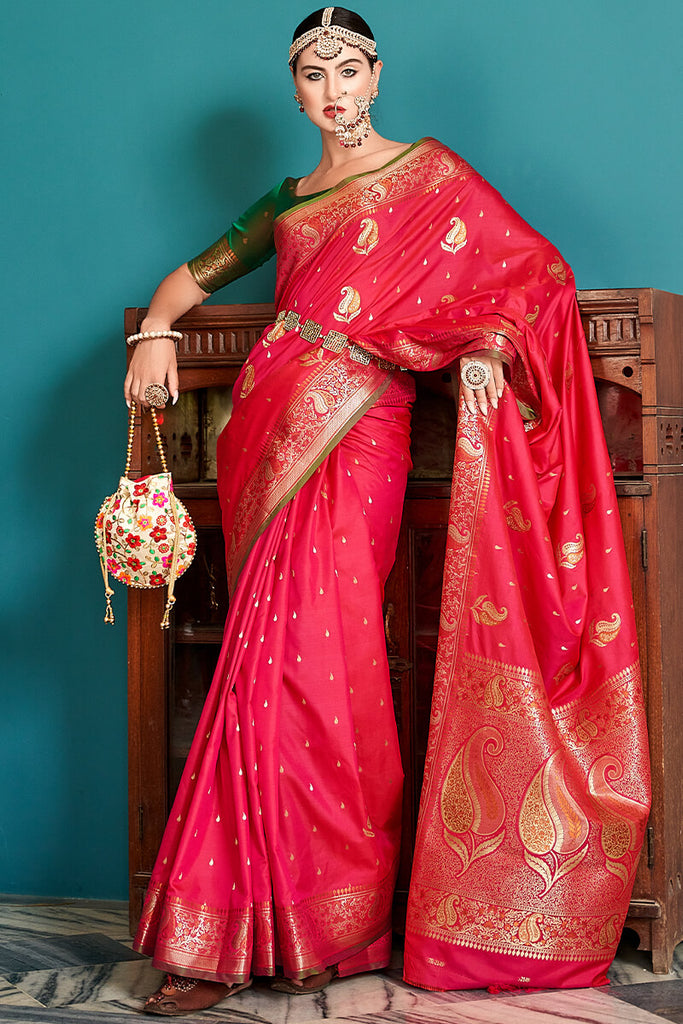 Awesome Pink Zari Woven Banarasi Silk Saree