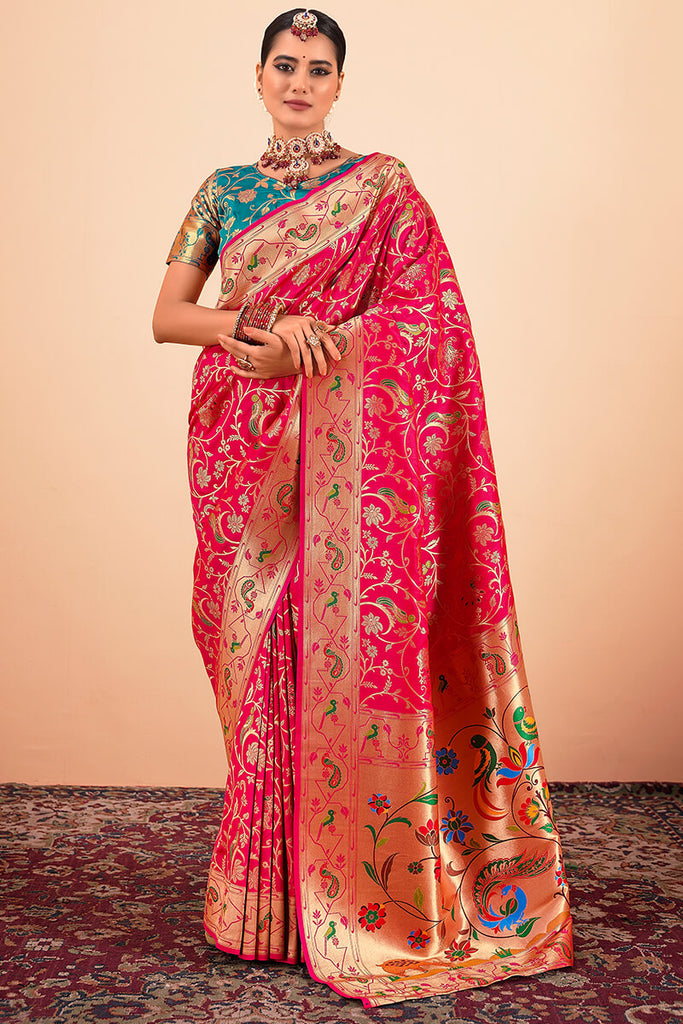 Awesome Pink Zari Woven Paithani Silk Saree