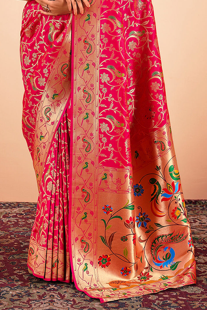 Awesome Pink Zari Woven Paithani Silk Saree