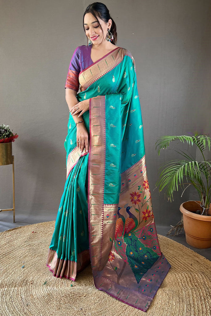 Azure Turquoise Zari Woven Paithani Silk Saree