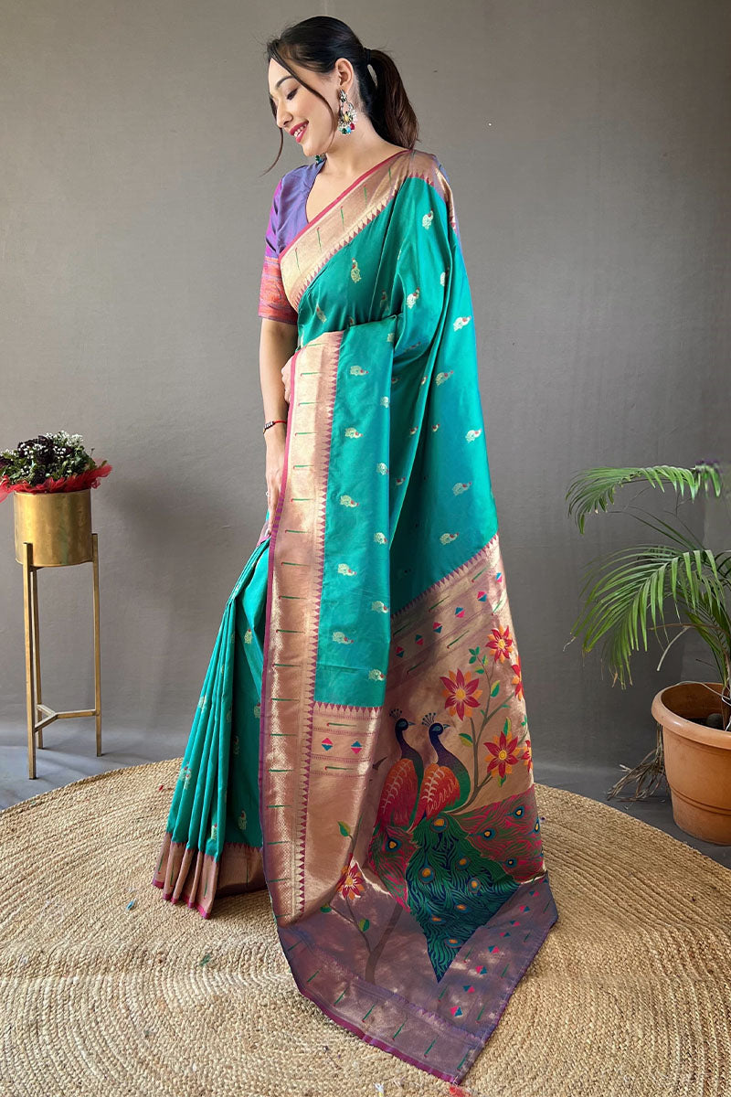 Azure Turquoise Zari Woven Paithani Silk Saree