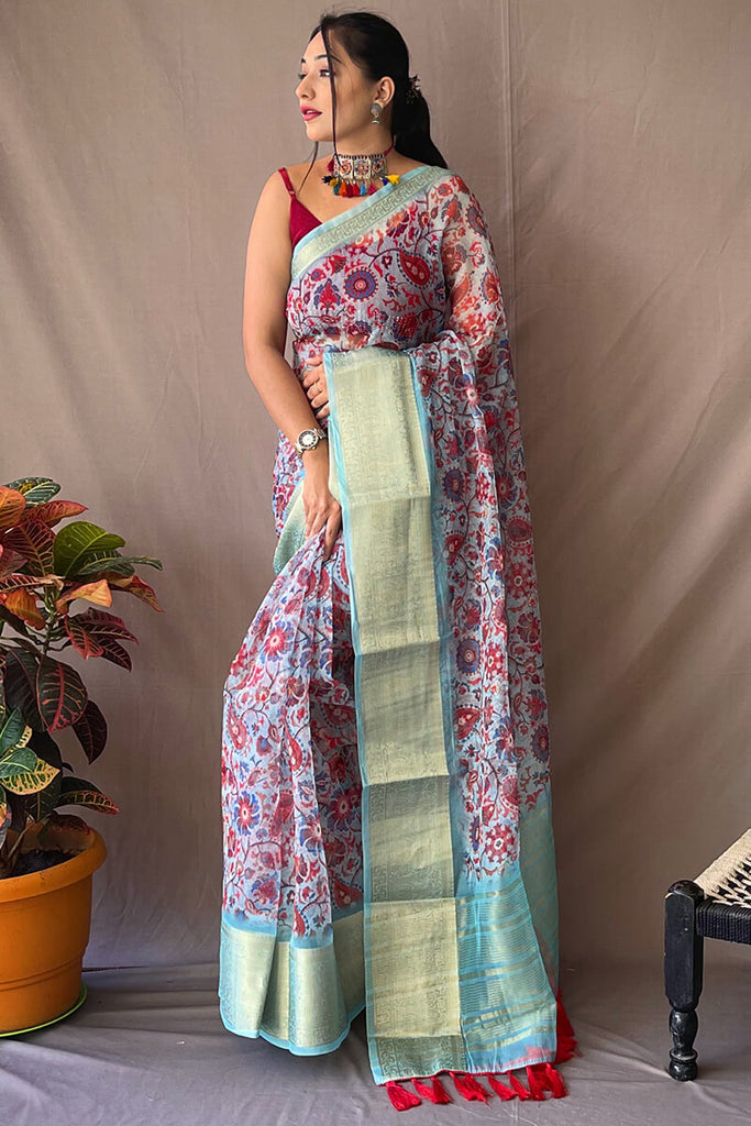 Baby Blue Kalamkari Printed Organza Silk Saree