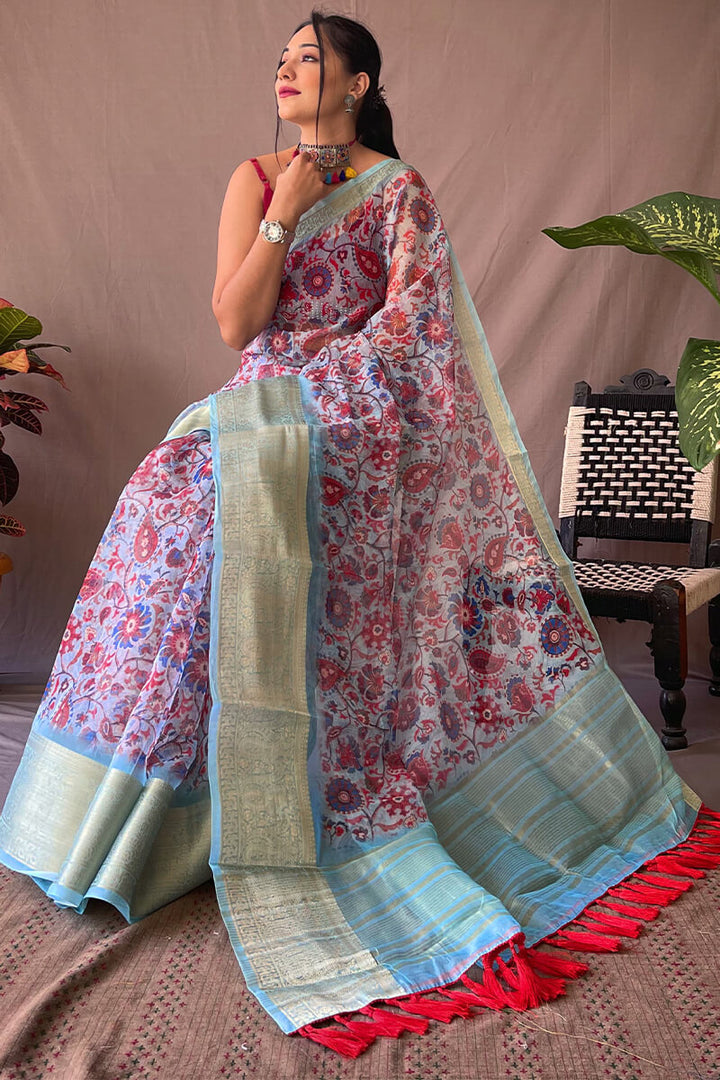 Baby Blue Kalamkari Printed Organza Silk Saree