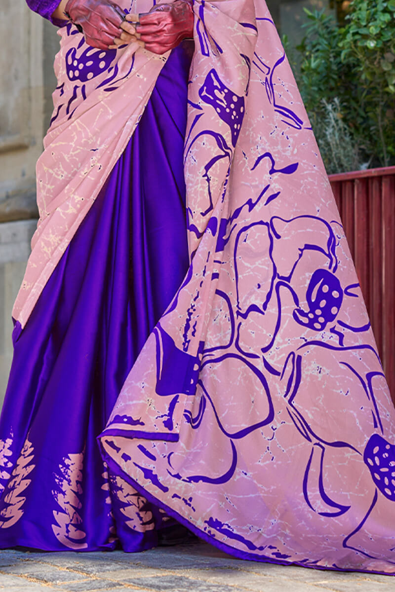 Baby Pink and Blue Printed Satin Silk Saree