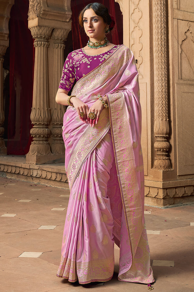Baby Pink Banarasi Satin Silk Saree with Embroidery Blouse