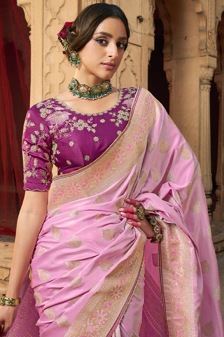 Baby Pink Banarasi Satin Silk Saree with Embroidery Blouse