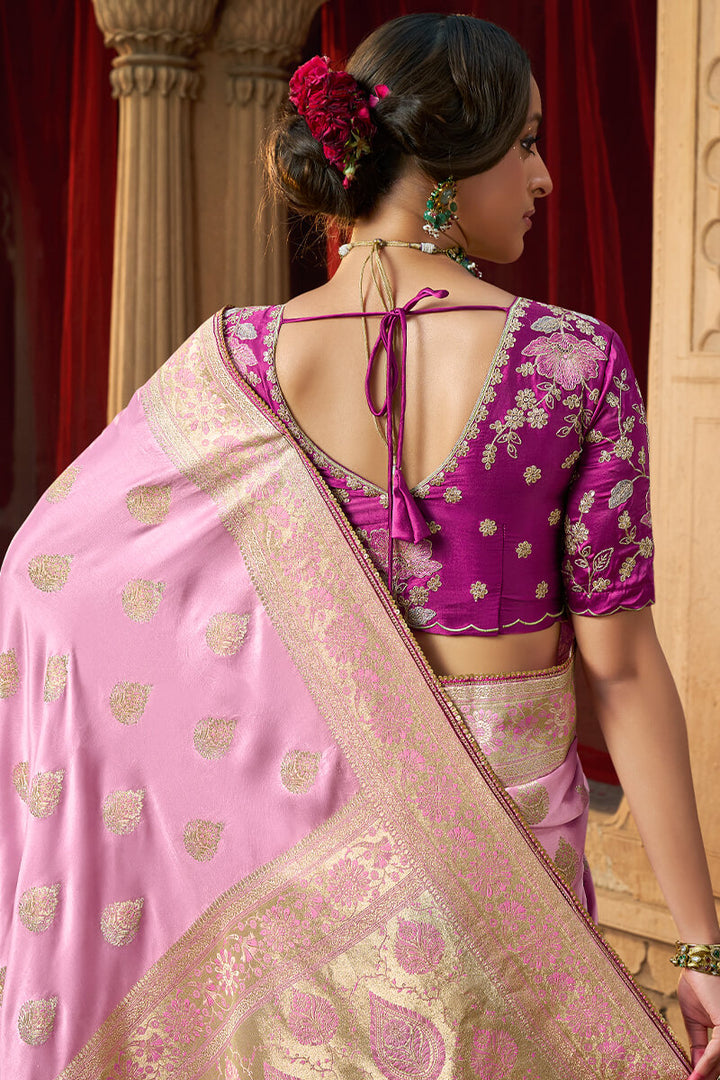 Baby Pink Banarasi Satin Silk Saree with Embroidery Blouse