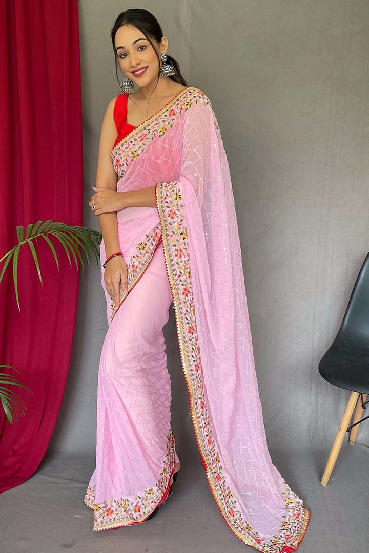 Baby Pink Embroidered Sequence Work Georgette Saree