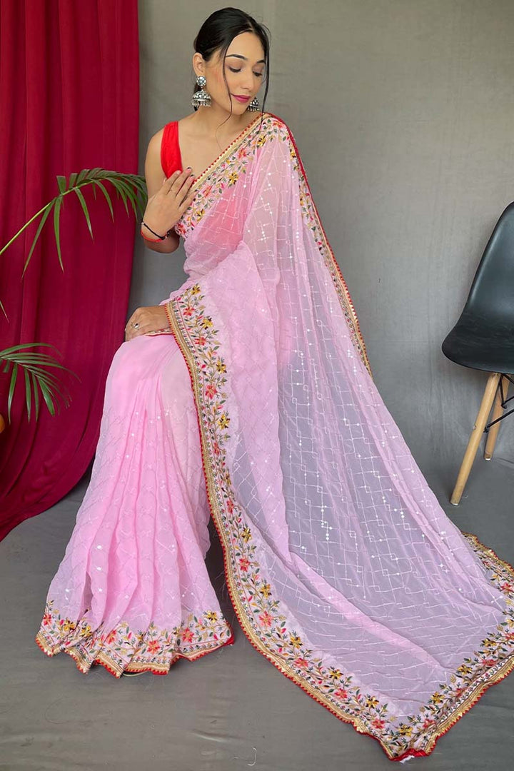 Baby Pink Embroidered Sequence Work Georgette Saree