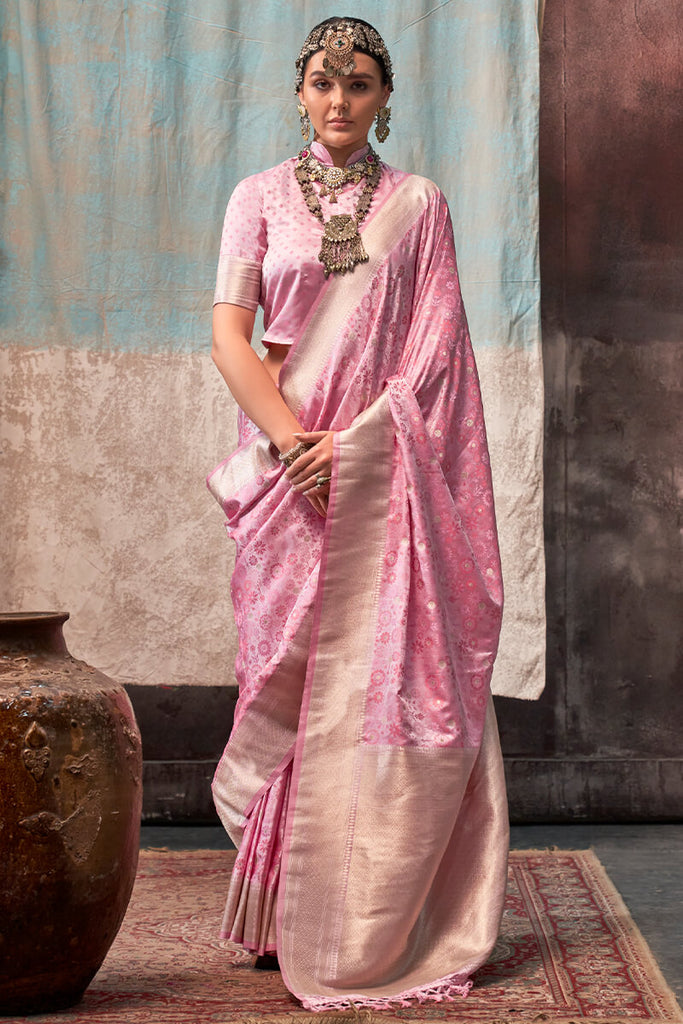 Baby Pink Handloom Banarasi Satin Silk Saree