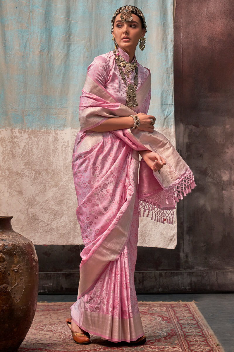 Baby Pink Handloom Banarasi Satin Silk Saree