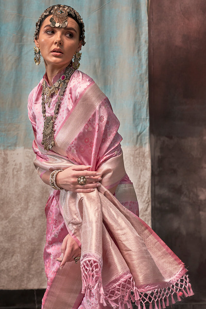 Baby Pink Handloom Banarasi Satin Silk Saree