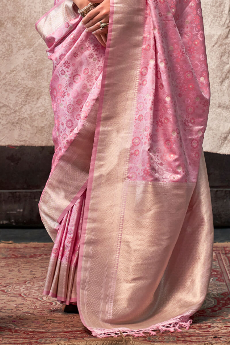 Baby Pink Handloom Banarasi Satin Silk Saree