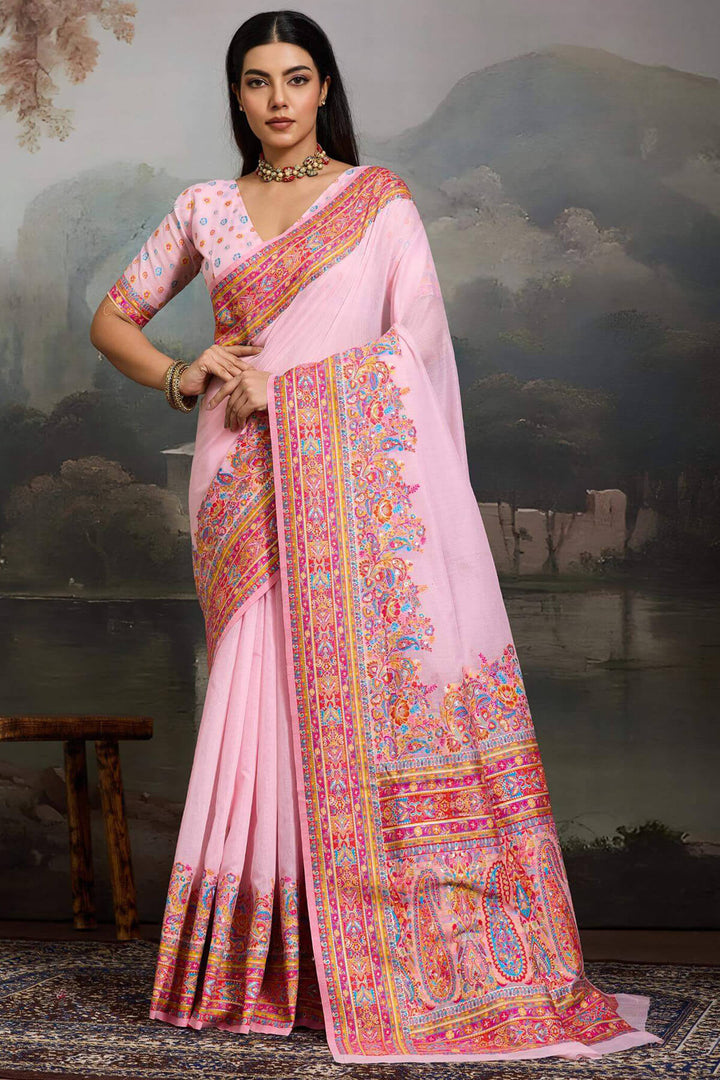 Baby Pink Kashmiri Modal Pashmina Silk Saree