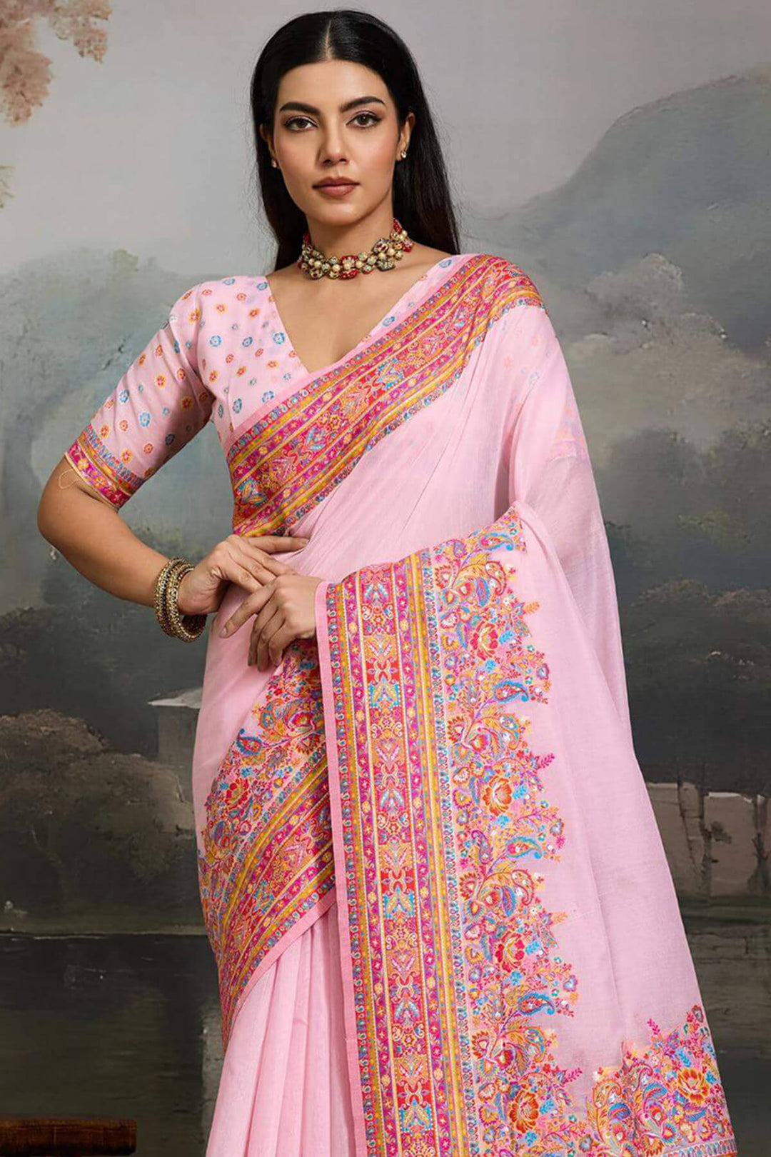 Baby Pink Kashmiri Modal Pashmina Silk Saree
