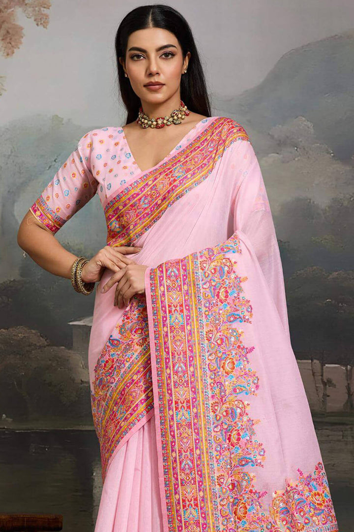 Baby Pink Kashmiri Modal Pashmina Silk Saree