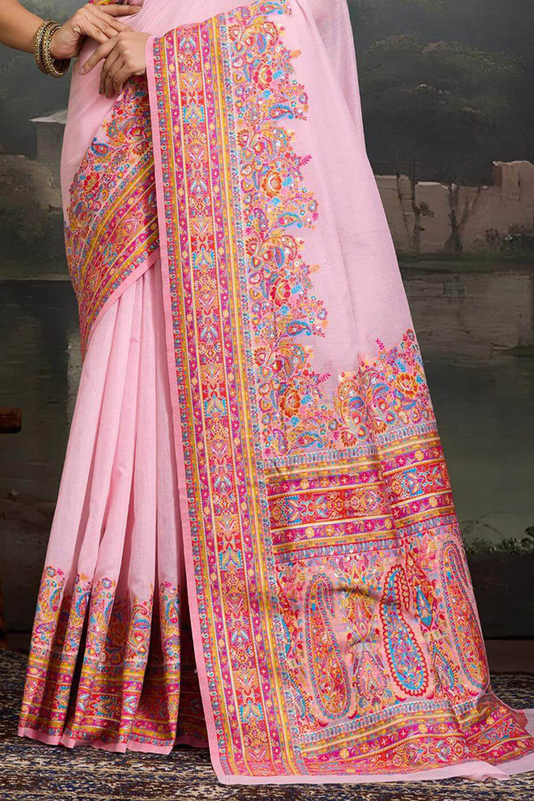Baby Pink Kashmiri Modal Pashmina Silk Saree