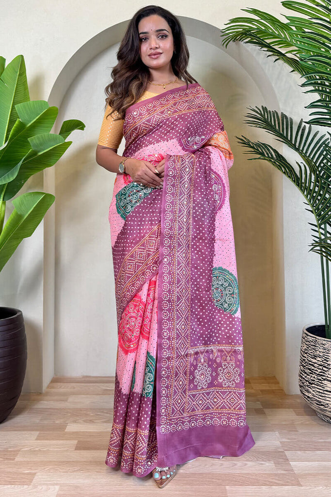 Baby Pink Printed Bandhani saree