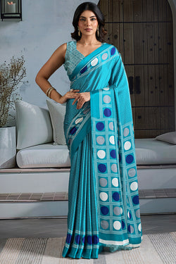 Ball Blue Ajrakh Printed Satin Crepe Silk Saree