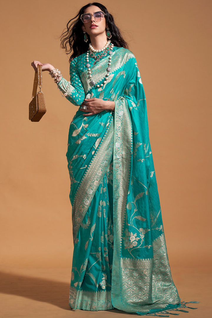 Ball Blue Woven Georgette Banarasi Silk Saree