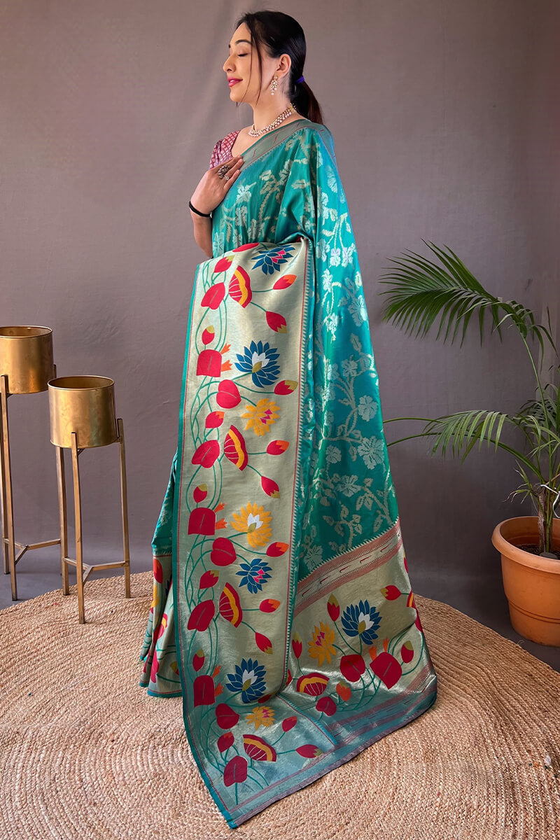 Ball Blue Zari Woven Paithani Silk Saree