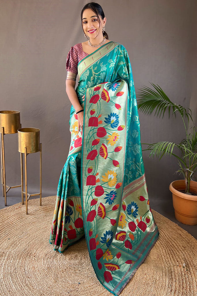 Ball Blue Zari Woven Paithani Silk Saree