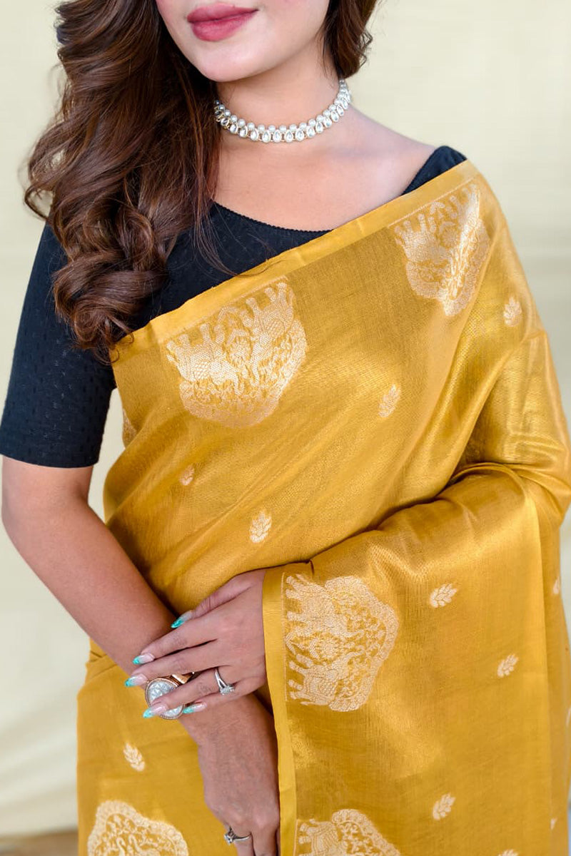 Banana Yellow Banarasi Tissue Silk Saree