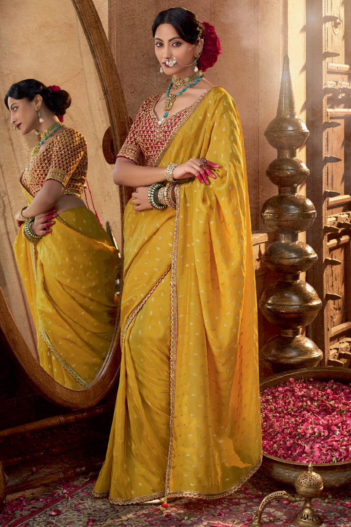 Banana Yellow Pure Viscose Crepe Silk Saree with Embroidery Blouse Piece