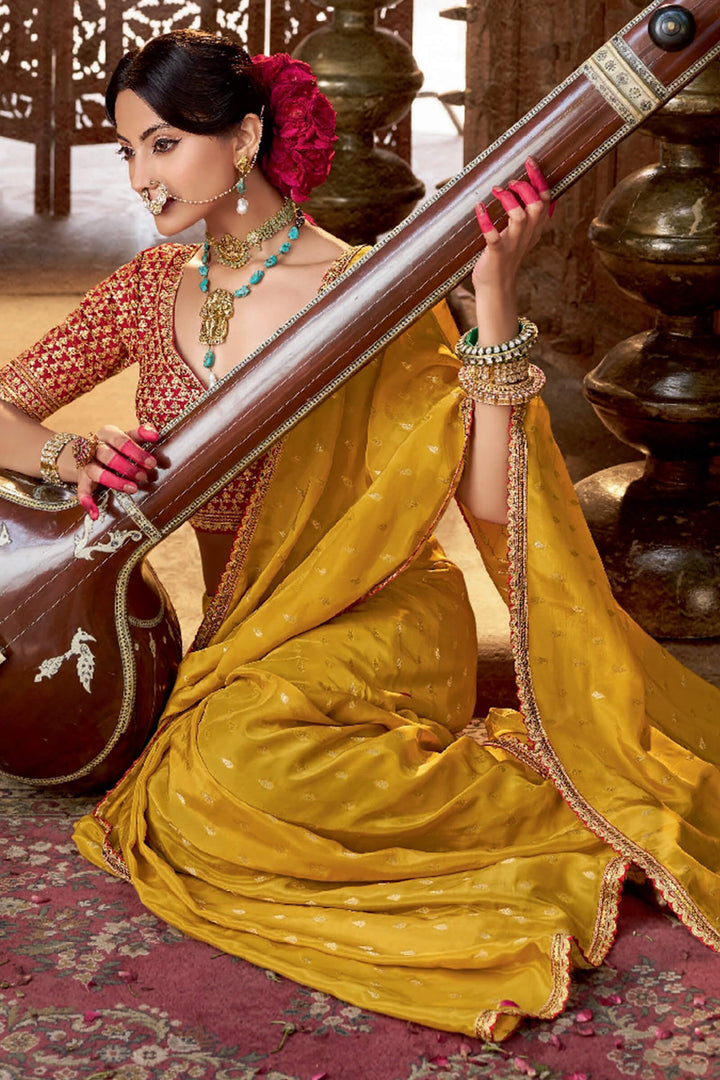 Banana Yellow Pure Viscose Crepe Silk Saree with Embroidery Blouse Piece