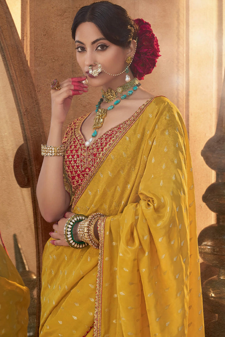 Banana Yellow Pure Viscose Crepe Silk Saree with Embroidery Blouse Piece