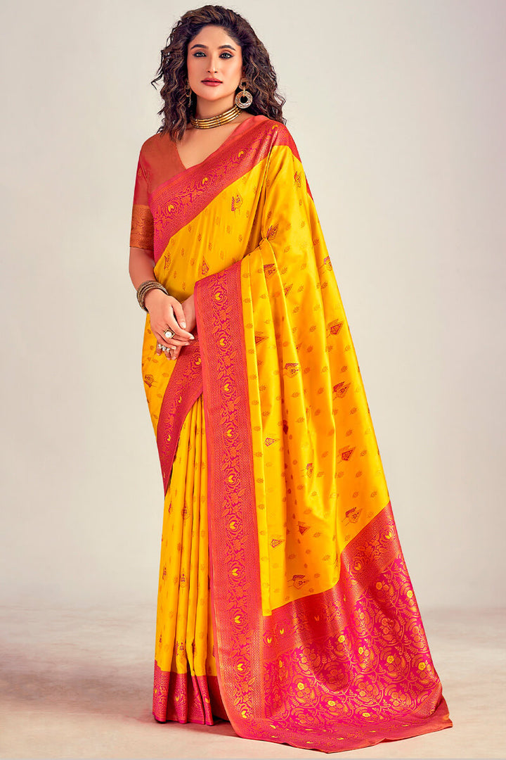 Banana Yellow Soft Banarasi Silk Saree