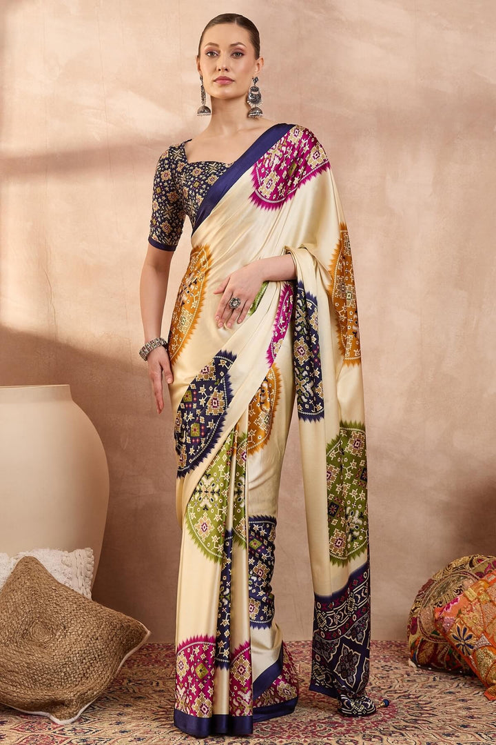 Bare Beige Printed Satin Silk Saree