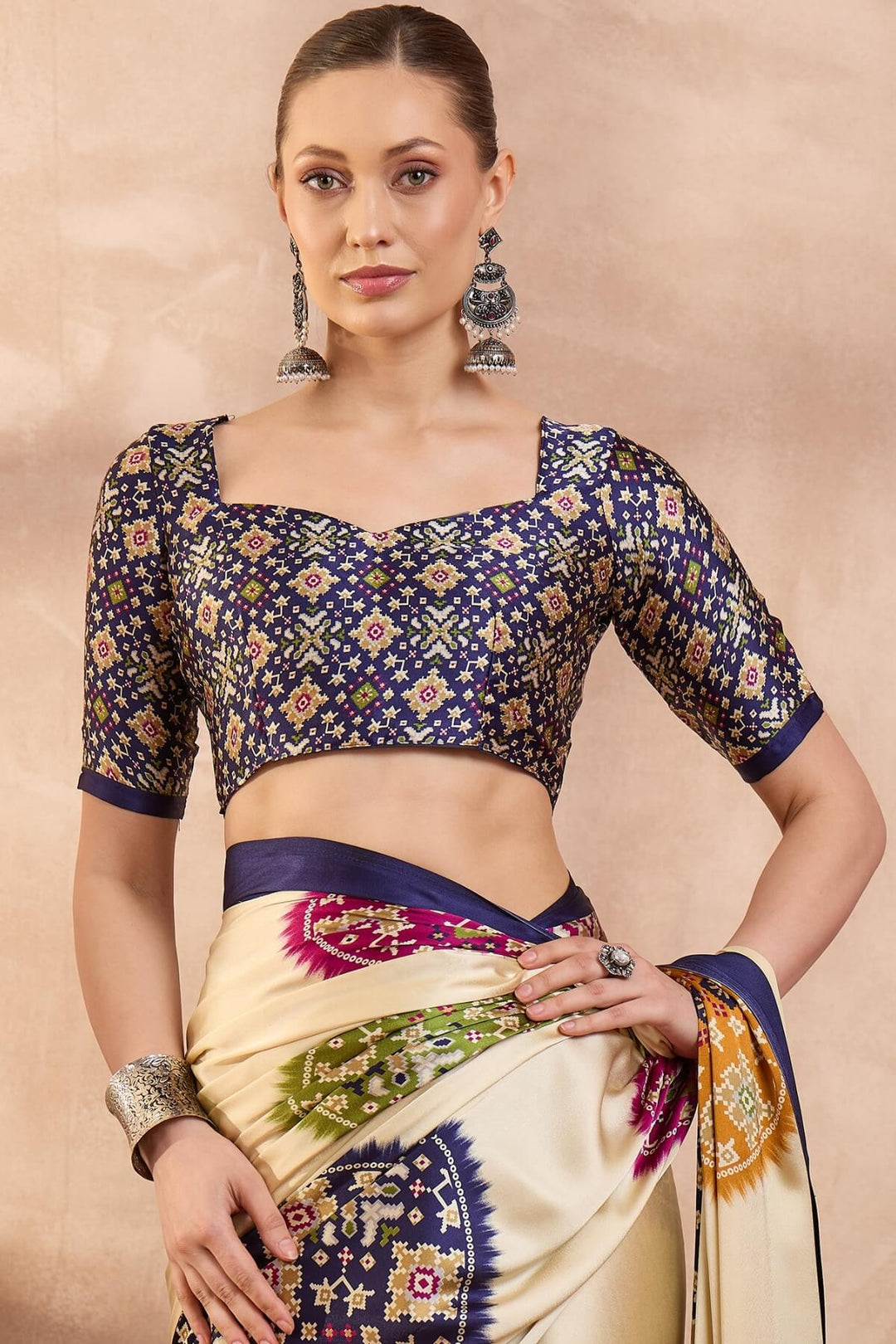 Bare Beige Printed Satin Silk Saree