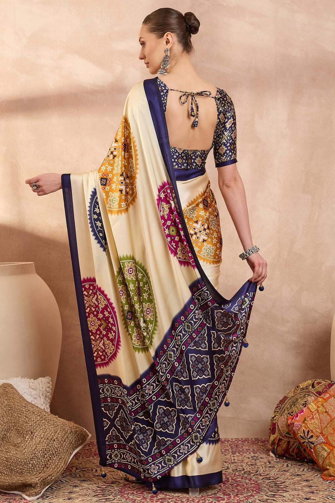 Bare Beige Printed Satin Silk Saree