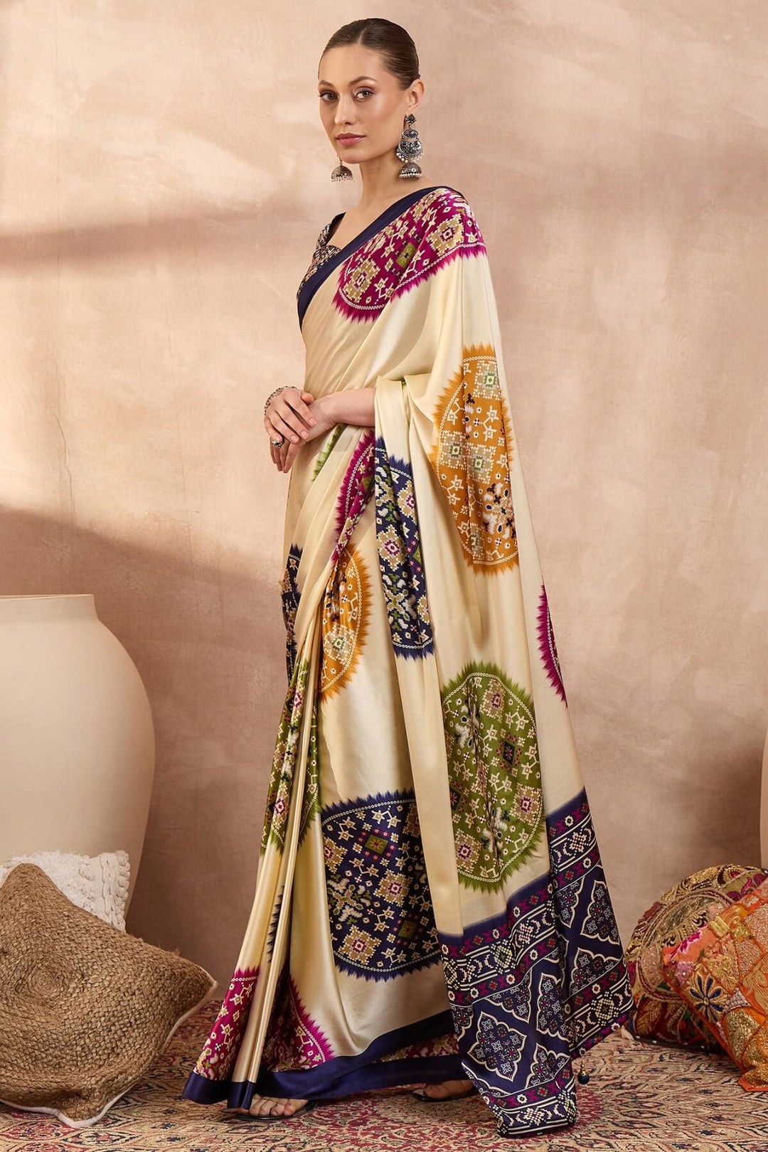Bare Beige Printed Satin Silk Saree