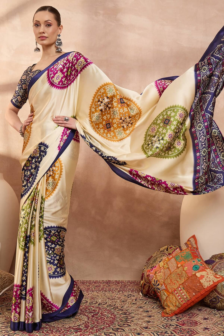 Bare Beige Printed Satin Silk Saree