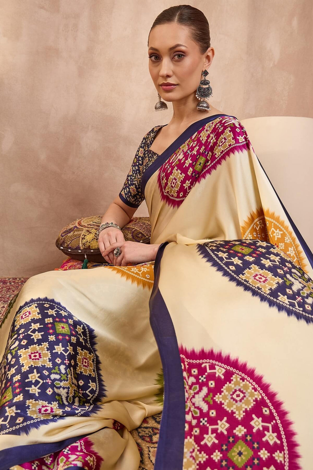 Bare Beige Printed Satin Silk Saree