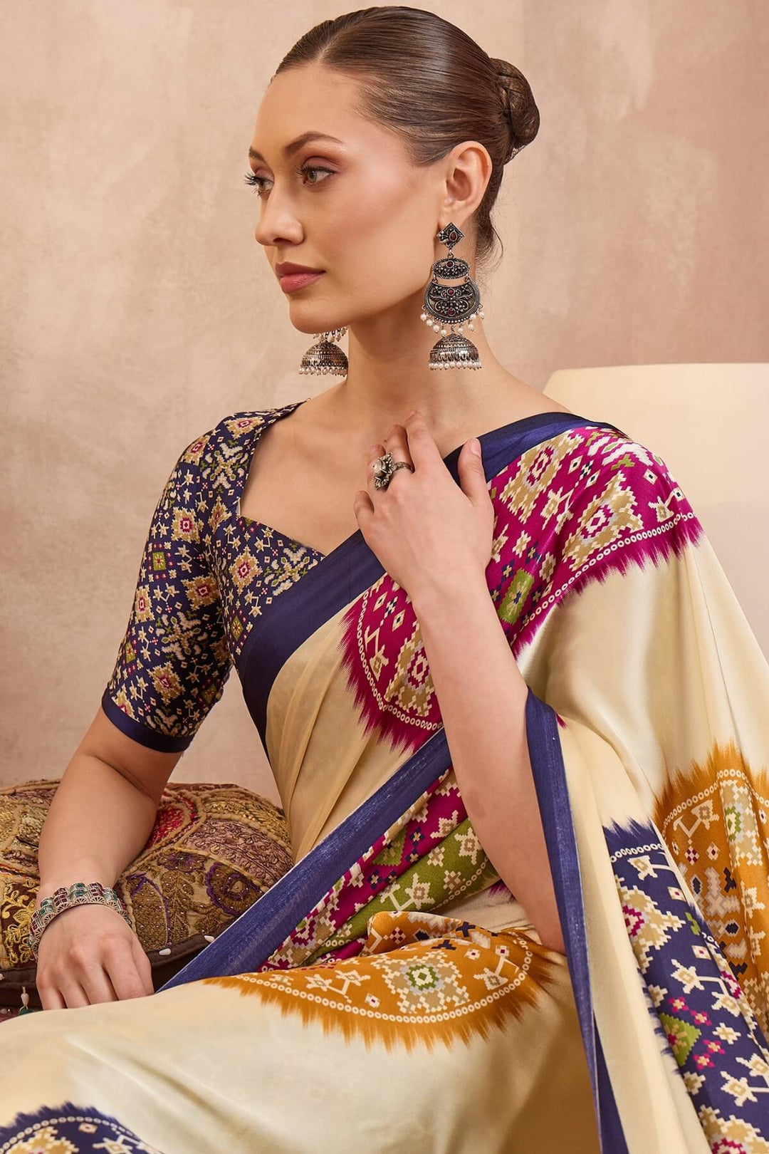 Bare Beige Printed Satin Silk Saree
