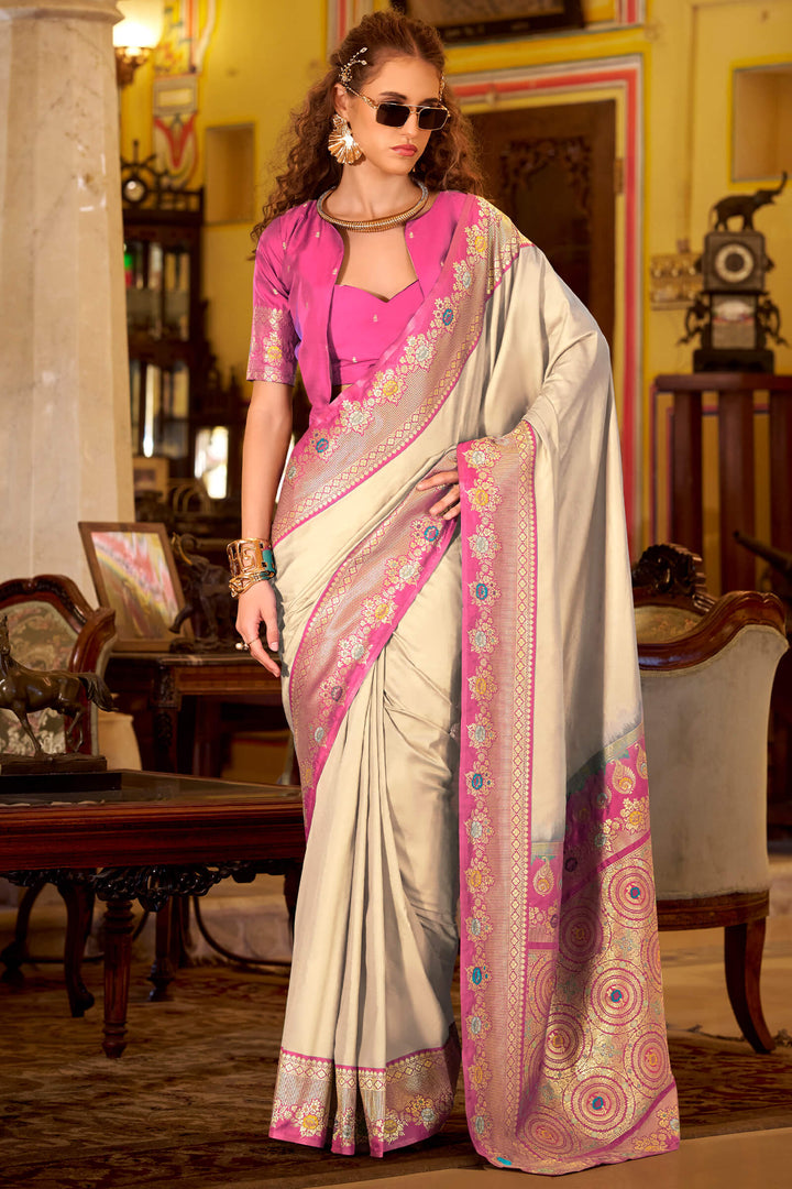 Bare Beige Purple Banarasi Soft Silk Saree