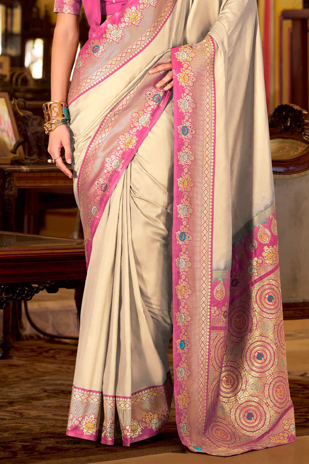 Bare Beige Purple Banarasi Soft Silk Saree