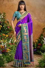 Barney Purple Banarasi Pichwai Silk Saree