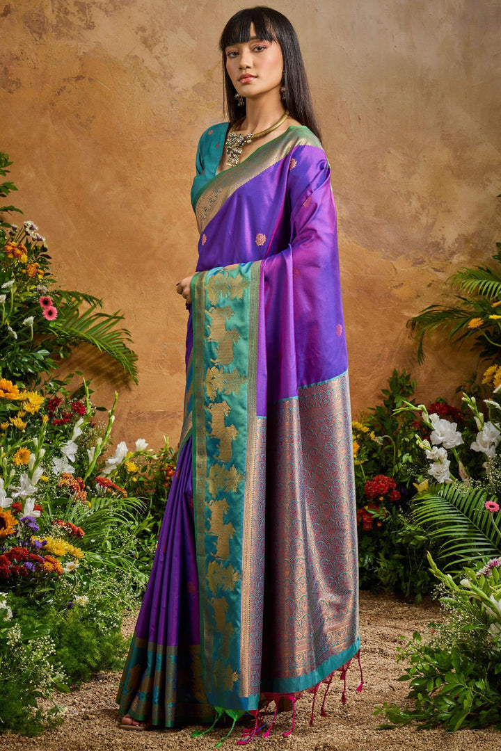 Barney Purple Banarasi Pichwai Silk Saree