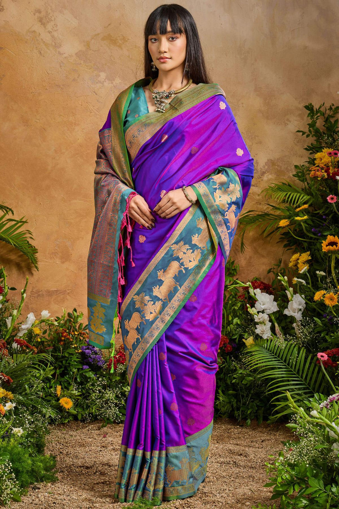 Barney Purple Banarasi Pichwai Silk Saree