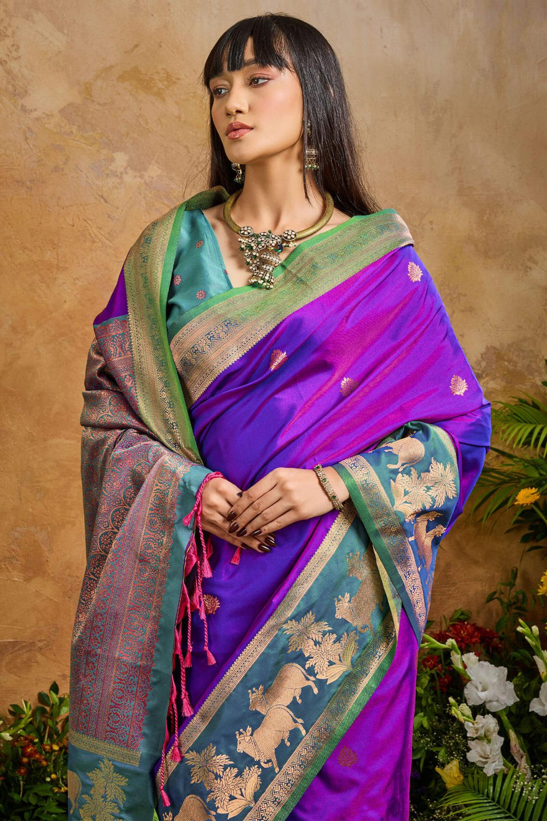 Barney Purple Banarasi Pichwai Silk Saree