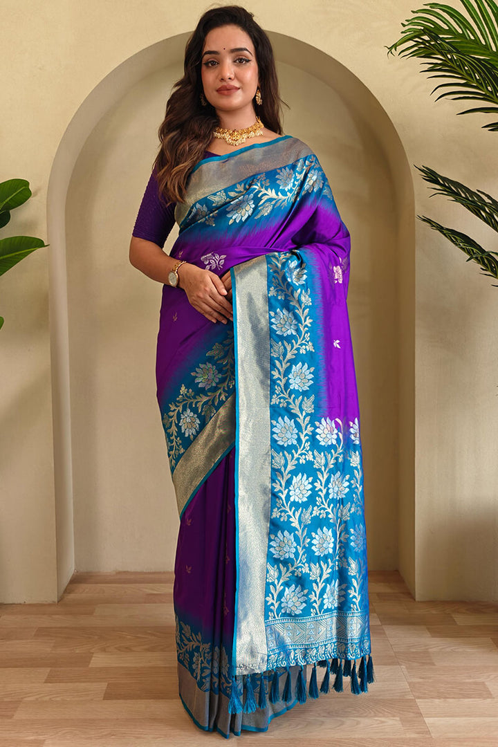 Barney Purple Banarasi Silk Saree with Designer Chaap Border